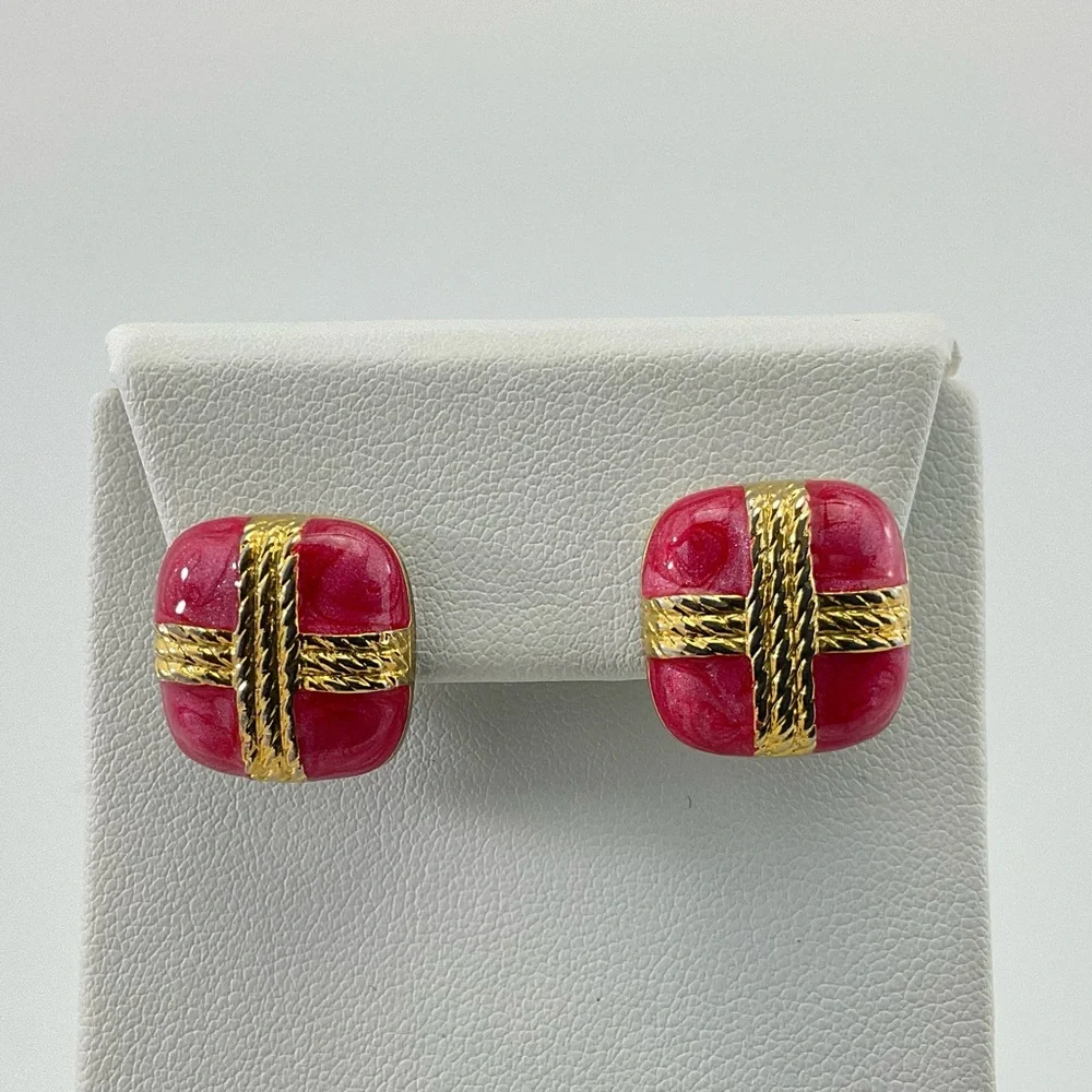 Vintage Pink Enamel Earrings, Mini Gift Box Stud Earrings, Pink & Gold